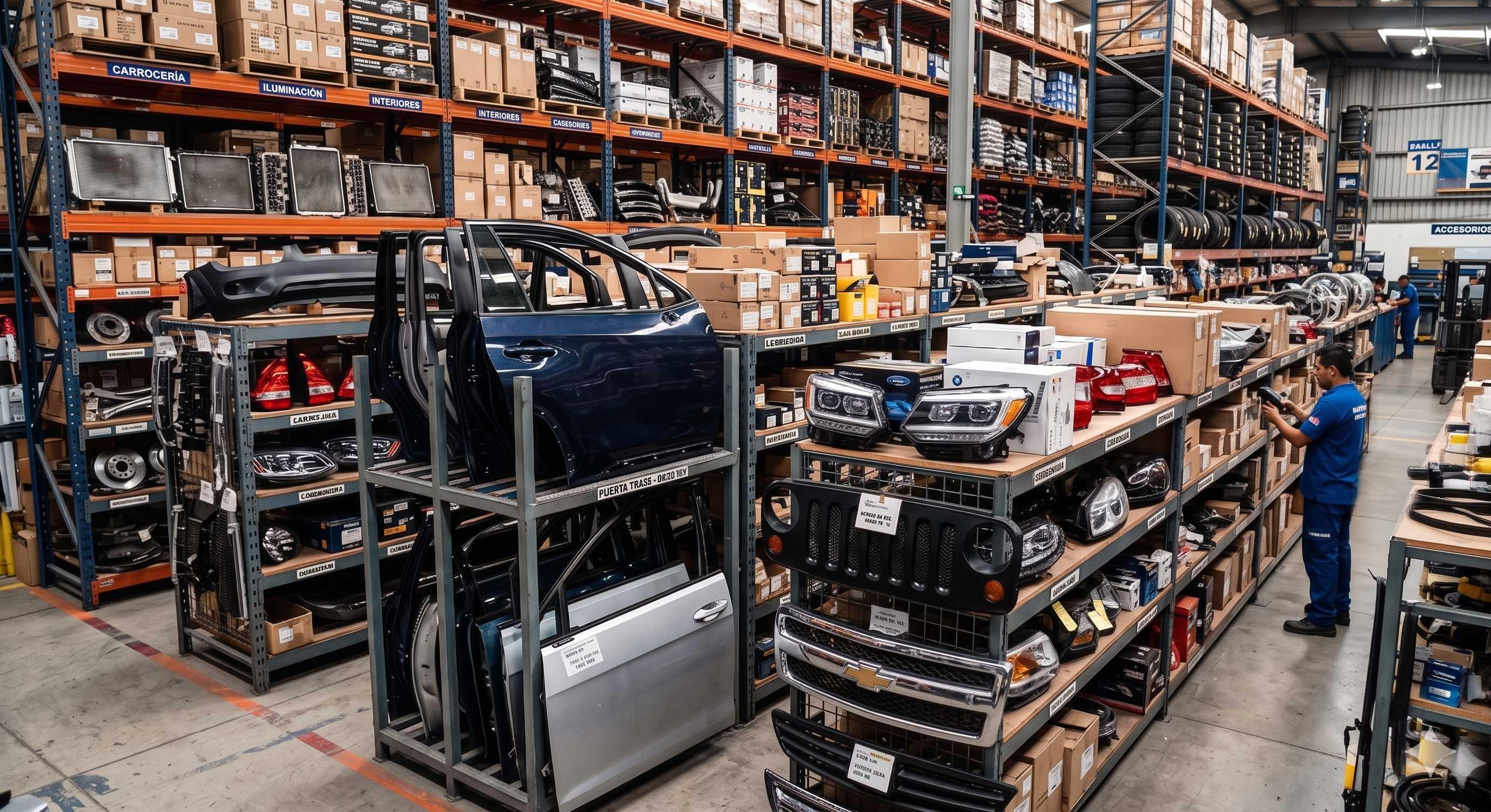 Almacén de autopartes con inventario organizado